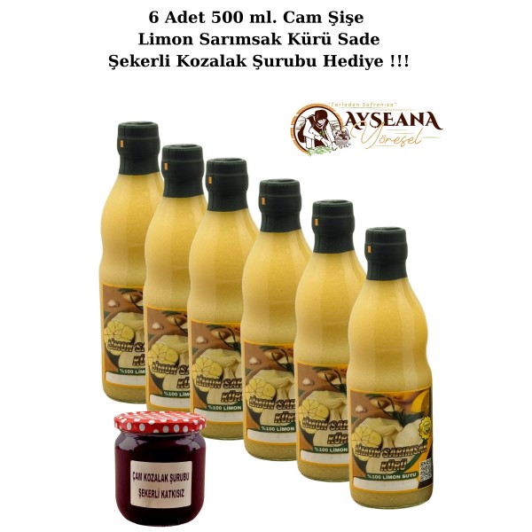 Limon Sarımsak Kürü 6 x 500 ml Cam Şişe El Yapımı  (Şekerli kozalak Şurubu Hediye 425 ml.)