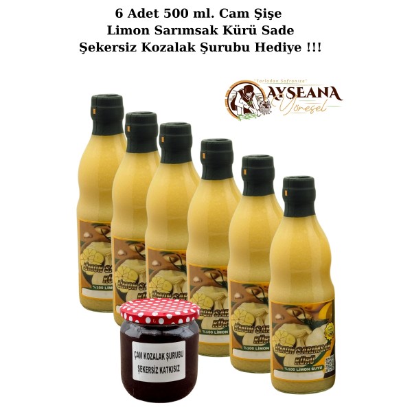 Limon Sarımsak Kürü 6 x 500 ml Cam Şişe El Yapımı  (Şekersiz kozalak Şurubu Hediye 425 ml.)