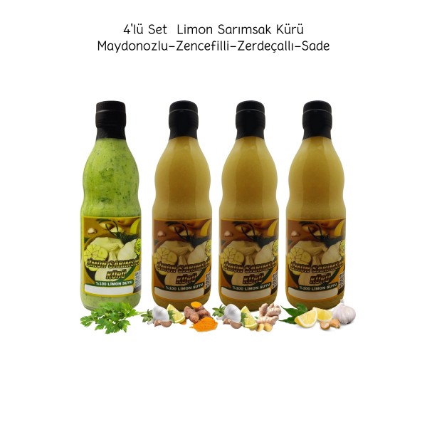 Limon Sarımsak Kürü 4 x 500 ml Cam El Yapımı (Sade-Zencefil-Zerdeçal-Maydanozlu